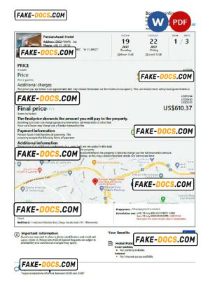Iran hotel booking confirmation Word and PDF template, 2 pages
