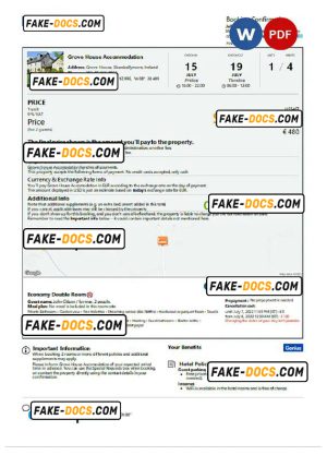 Ireland hotel booking confirmation Word and PDF template, 2 pages