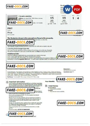 Italy hotel booking confirmation Word and PDF template, 2 pages