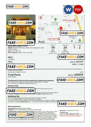 Kuwait hotel booking confirmation Word and PDF template, 2 pages