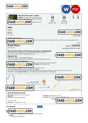 Lesotho hotel booking confirmation Word and PDF template, 2 pages