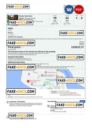 Liberia hotel booking confirmation Word and PDF template, 2 pages