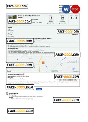 Malawi hotel booking confirmation Word and PDF template, 2 pages