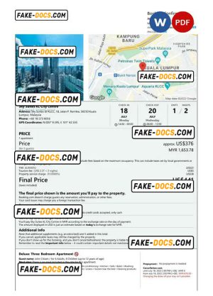 Malaysia hotel booking confirmation Word and PDF template, 2 pages