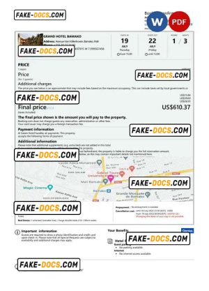 Mali hotel booking confirmation Word and PDF template, 2 pages