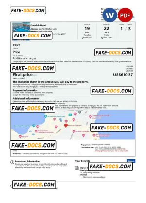 Malta hotel booking confirmation Word and PDF template, 2 pages