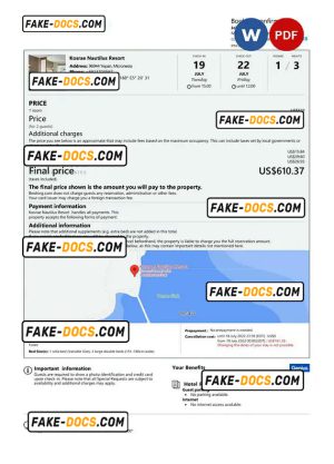 Micronesia hotel booking confirmation Word and PDF template, 2 pages