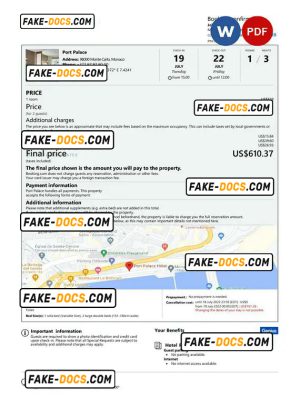 Monaco hotel booking confirmation Word and PDF template, 2 pages