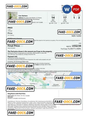 Mozambique hotel booking confirmation Word and PDF template, 2 pages