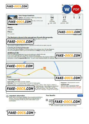 Namibia hotel booking confirmation Word and PDF template, 2 pages