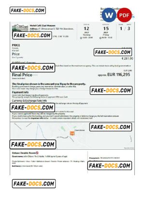 Netherlands hotel booking confirmation Word and PDF template, 2 pages