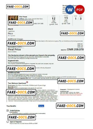 Oman hotel booking confirmation Word and PDF template, 2 pages