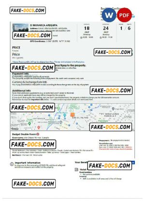 Peru hotel booking confirmation Word and PDF template, 2 pages
