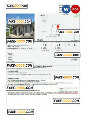 Samoa hotel booking confirmation Word and PDF template, 2 pages