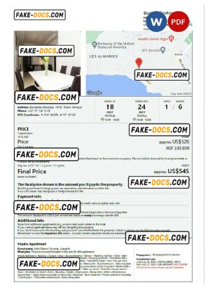 Senegal hotel booking confirmation Word and PDF template, 2 pages