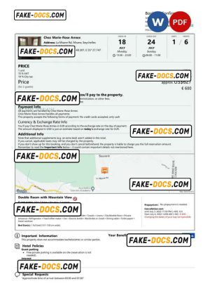 Seychelles hotel booking confirmation Word and PDF template, 2 pages