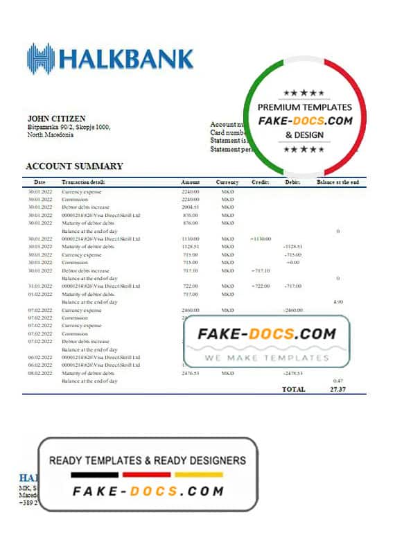 Macedonia Halkbank bank statement template in Word and PDF format Macedonia Halkbank bank statement template in Word and PDF format