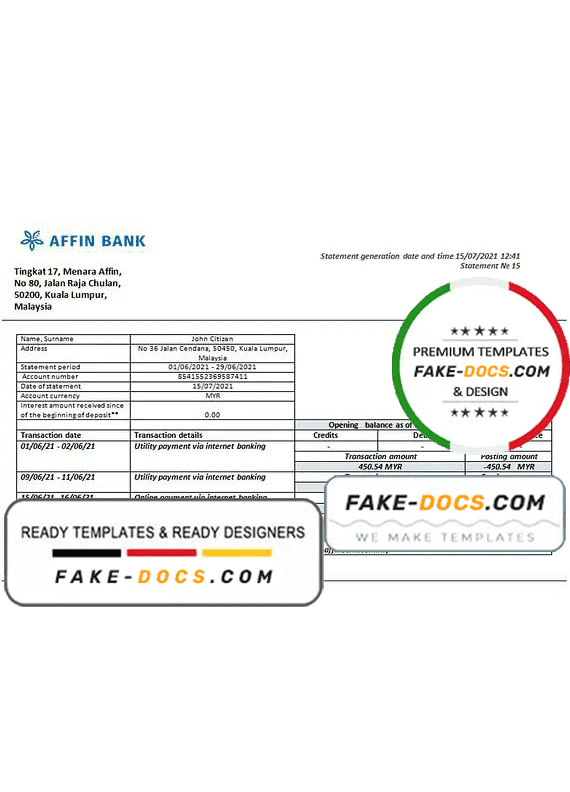 Malaysia Affin bank statement template in Word and PDF format Malaysia Affin bank statement template in Word and PDF format