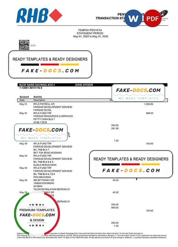 Malaysia Islamic RHB bank statement, Word and PDF template Malaysia Islamic RHB bank statement, Word and PDF template