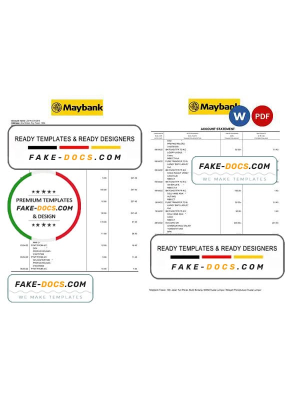Malaysia Maybank bank statement Word and PDF template, 2 pages Malaysia Maybank bank statement Word and PDF template, 2 pages