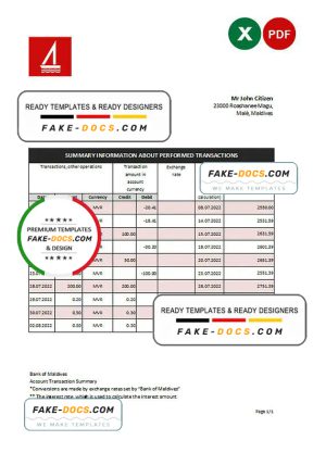 Maldives Bank of Maldives bank statement Excel and PDF template Maldives Bank of Maldives bank statement Excel and PDF template