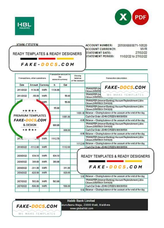 Maldives HBL bank statement Excel and PDF template Maldives HBL bank statement Excel and PDF template