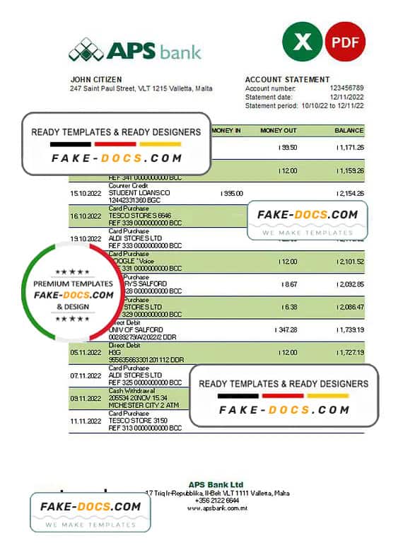 Malta APS bank statement Excel and PDF template Malta APS bank statement Excel and PDF template