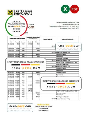 Ukraine Raiffeisen bank statement, Excel and PDF template