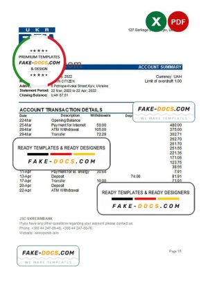 Ukraine Ukreximbank bank statement, Excel and PDF template