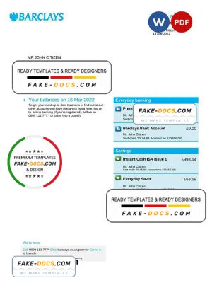 United Kingdom Barclays bank statement, Word and PDF template, 4 pages, version 2