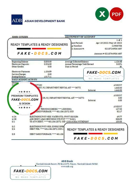 Marshall Islands ADB bank statement Excel and PDF template Marshall Islands ADB bank statement Excel and PDF template