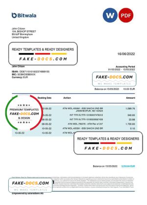 United Kingdom Bitwala bank statement, Word and PDF template