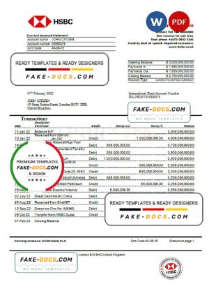 United Kingdom HSBC bank statement Word and PDF template, version 2