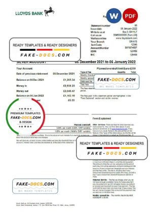 United Kingdom Lloyds bank statement Word and PDF template, version 2