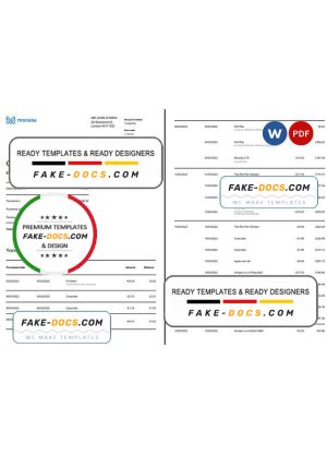 United Kingdom Monese bank statement Word and PDF template, 3 pages