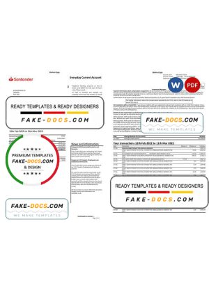 United Kingdom Santander bank statement Word and PDF template, 3 pages