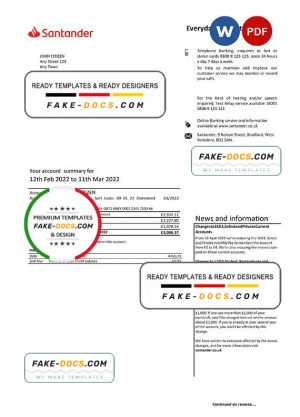United Kingdom Santander bank statement, Word and PDF template, 3 pages