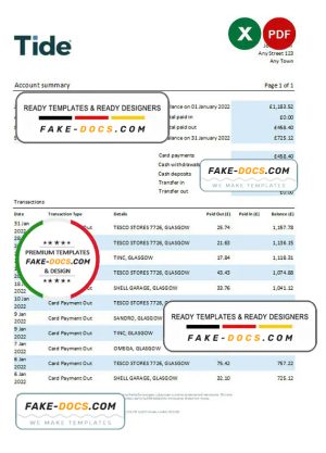 United Kingdom Tide bank statement, Excel and PDF template