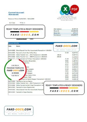 United Kingdom TSB bank statement, Excel and PDF template