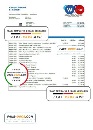United Kingdom TSB bank statement, Word and PDF template