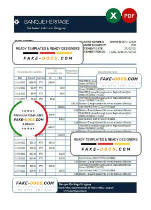 Uruguay Banque Hertage bank statement, Excel and PDF template