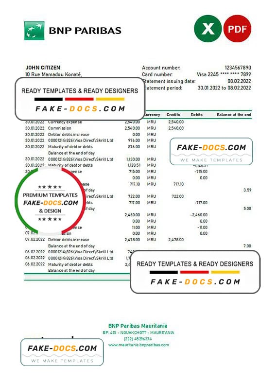 Mauritania BNP Paribas bank statement Excel and PDF template Mauritania BNP Paribas bank statement Excel and PDF template