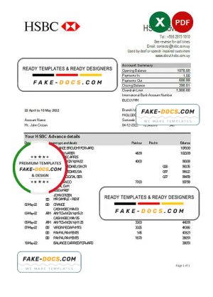 Uruguay HSBC bank statement, Excel and PDF template