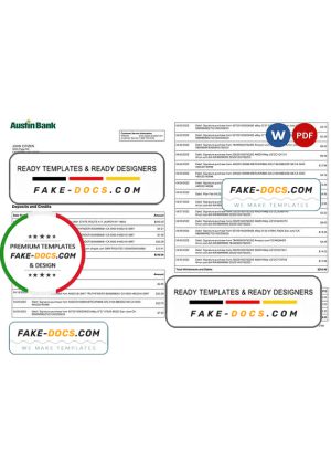 USA Austin Bank statement template in Word and PDF format, 2 pages