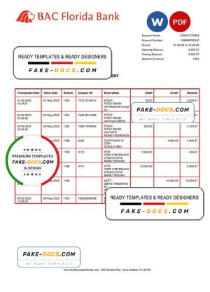 USA BAC Florida bank statement Word and PDF template