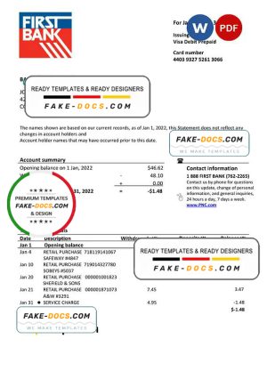 USA Bay First bank statement, Word and PDF template, version 2