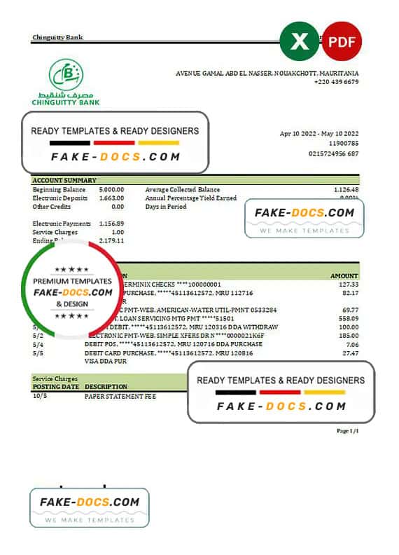 Mauritania Chinguitty bank statement Excel and PDF template Mauritania Chinguitty bank statement Excel and PDF template