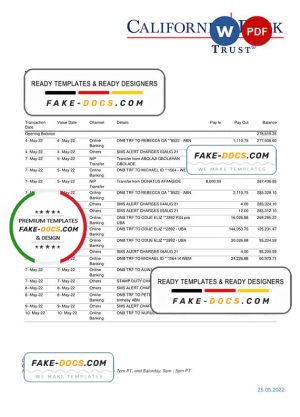 USA California Bank Trust bank statement, Word and PDF template
