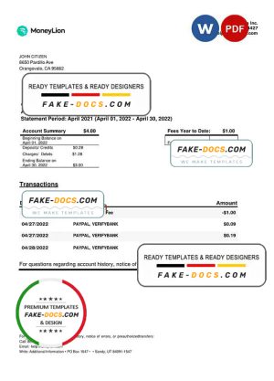 USA California MoneyLion bank statement, Word and PDF template