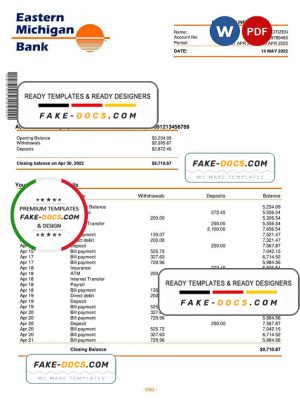 USA Eastern Michigan bank account statement Word and PDF template